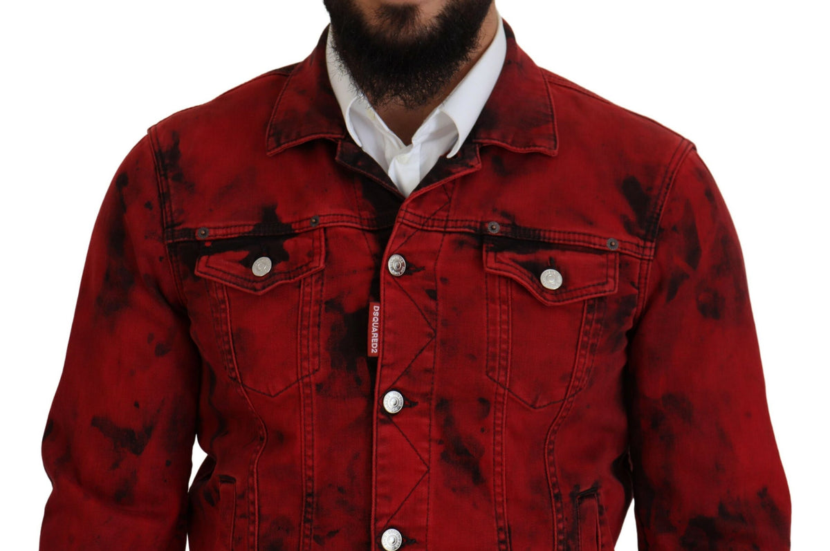 Veste en jean homme Dsquared² à col chemise, rouge et noire, effet tie-dye.