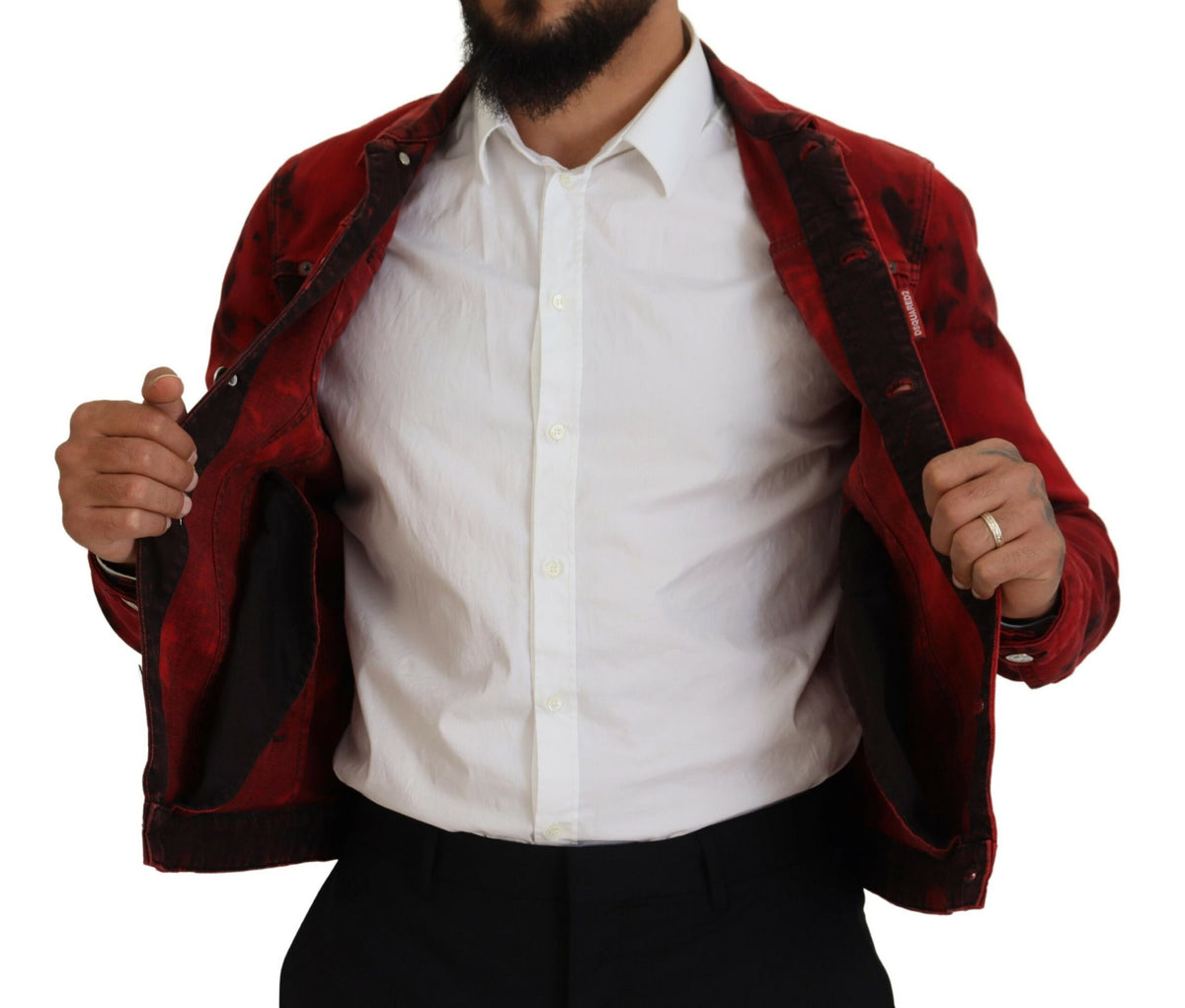 Veste en jean homme Dsquared² à col chemise, rouge et noire, effet tie-dye.