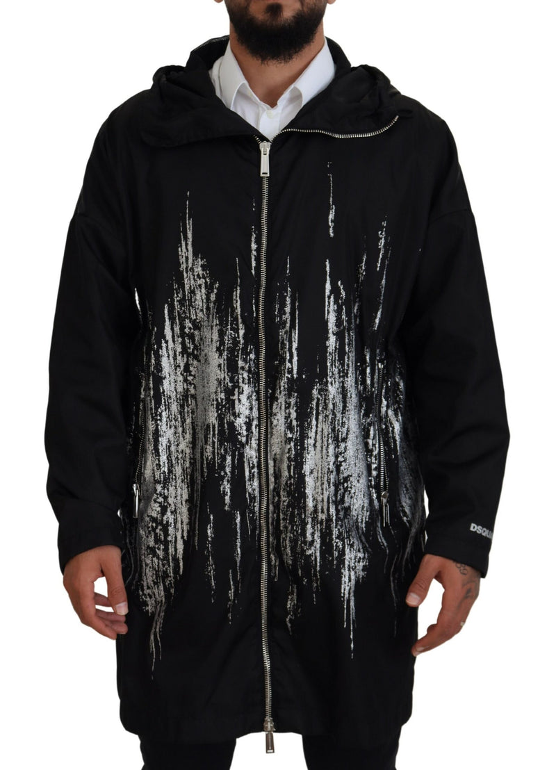 Dsquared² Longue veste manteau à capuche en nylon noir et blanc avec imprimé