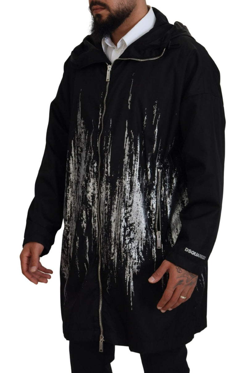 Dsquared² Longue veste manteau à capuche en nylon noir et blanc avec imprimé