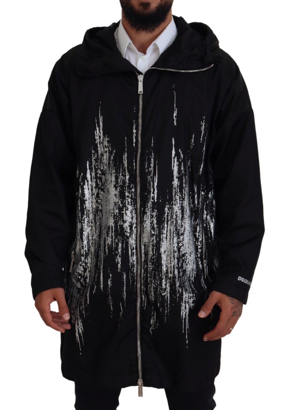 Dsquared² Longue veste manteau à capuche en nylon noir et blanc avec imprimé