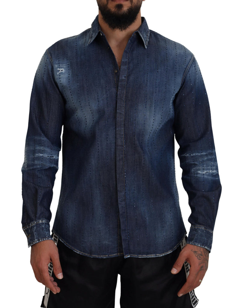 Chemise en jean bleue délavée et ornée de cristaux de Dsquared²