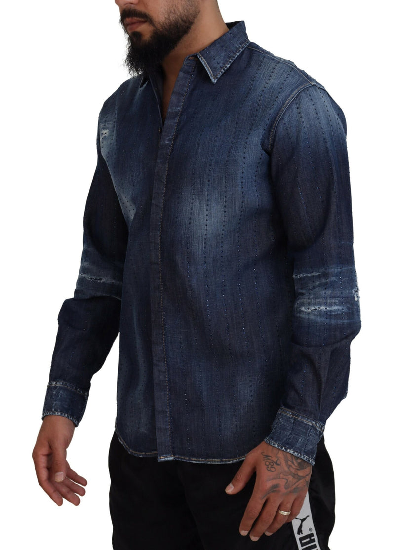 Chemise en jean bleue délavée et ornée de cristaux de Dsquared²