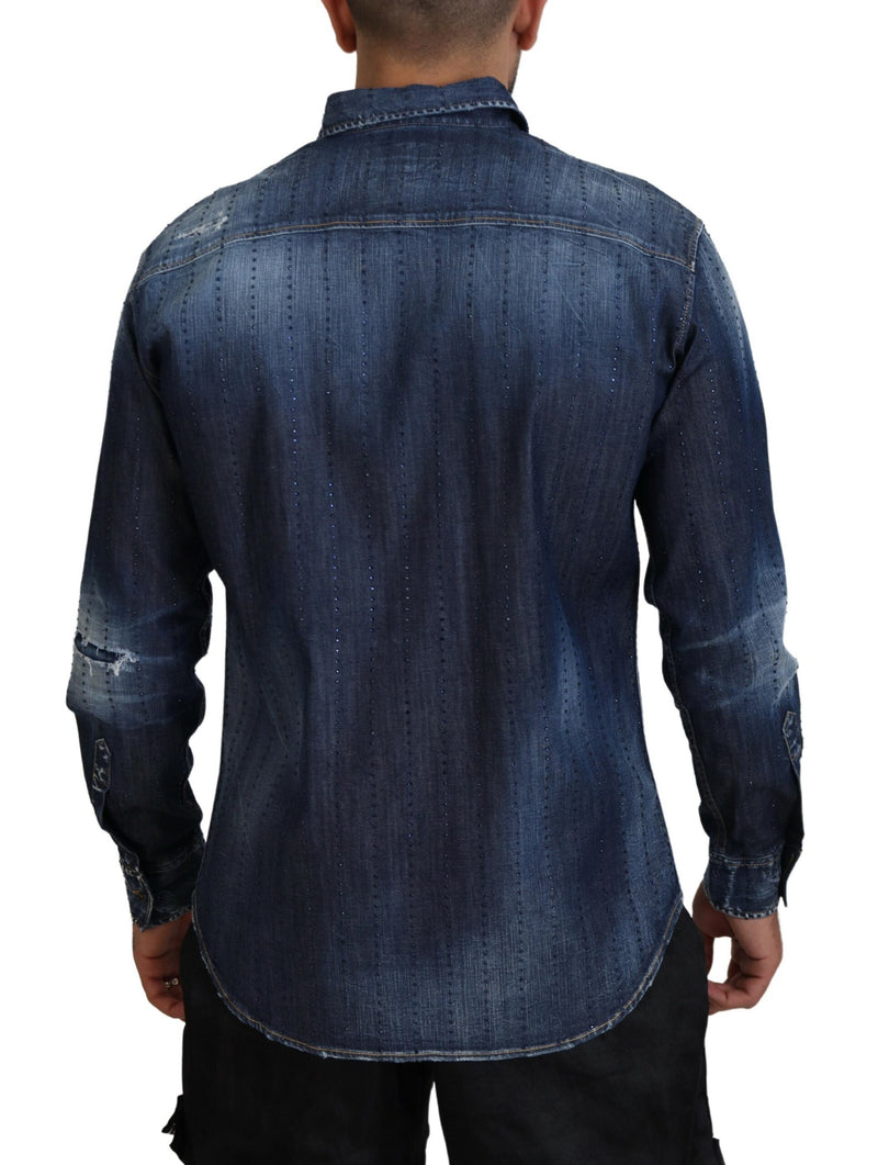 Chemise en jean bleue délavée et ornée de cristaux de Dsquared²