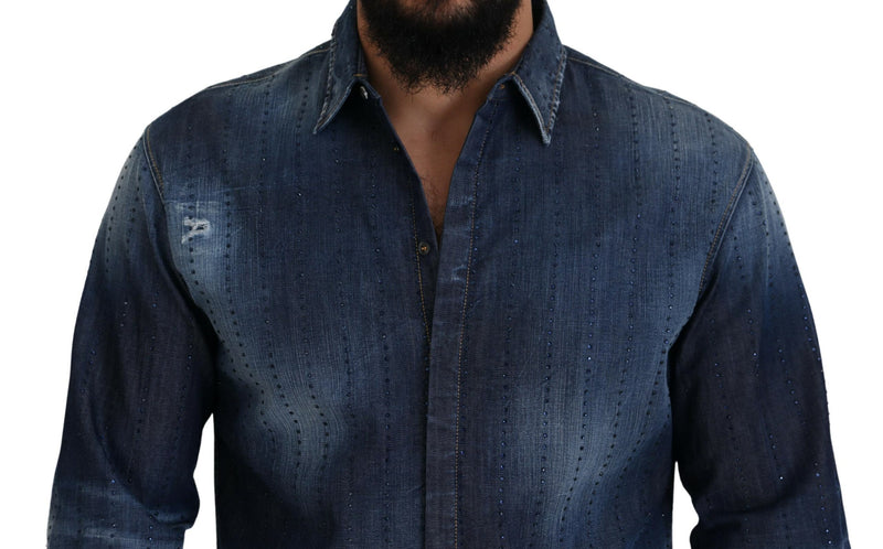 Chemise en jean bleue délavée et ornée de cristaux de Dsquared²