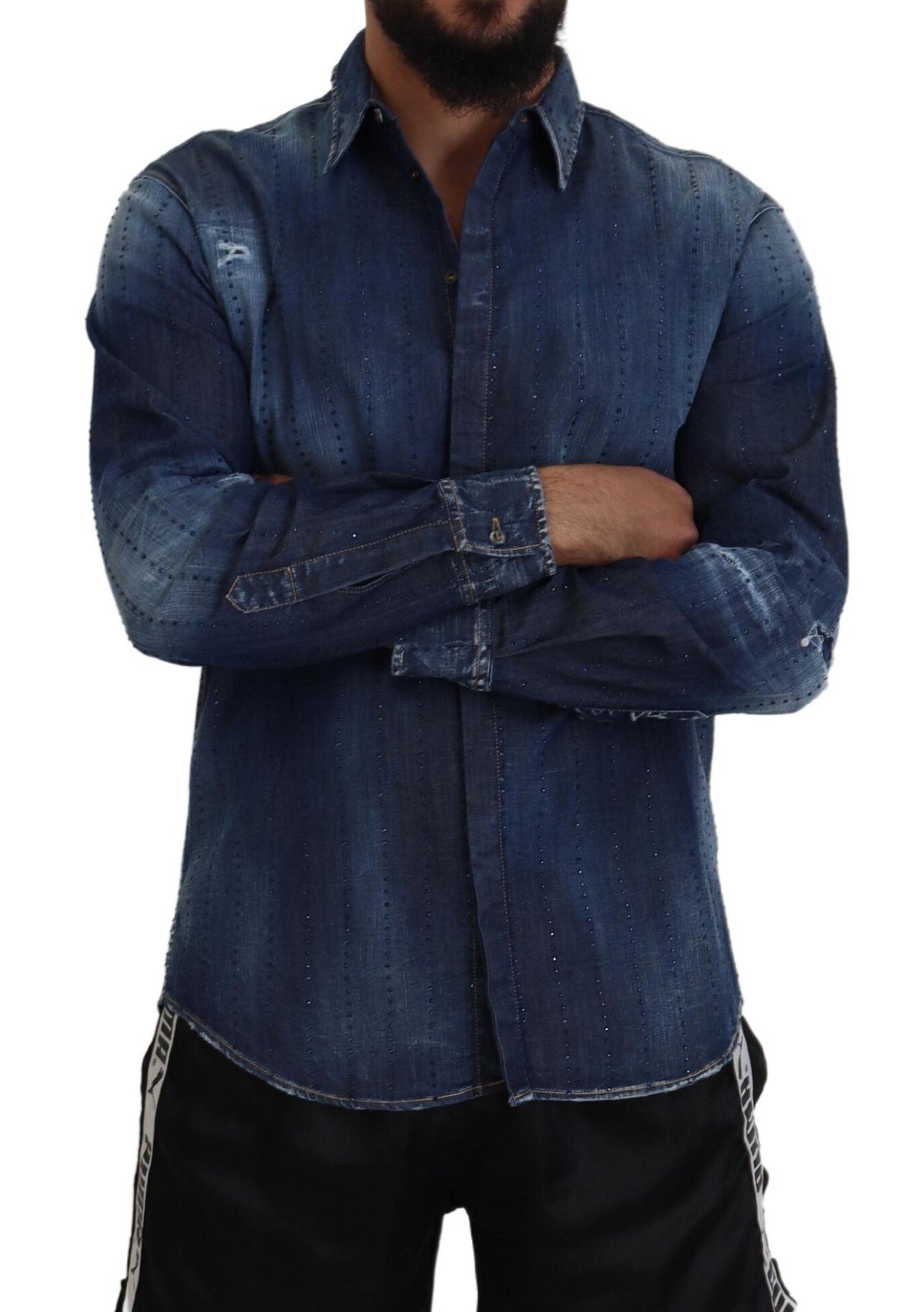 Chemise en jean bleue délavée et ornée de cristaux de Dsquared²