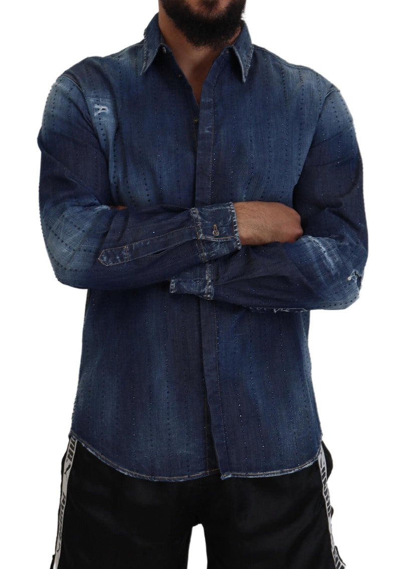 Chemise en jean bleue délavée et ornée de cristaux de Dsquared²