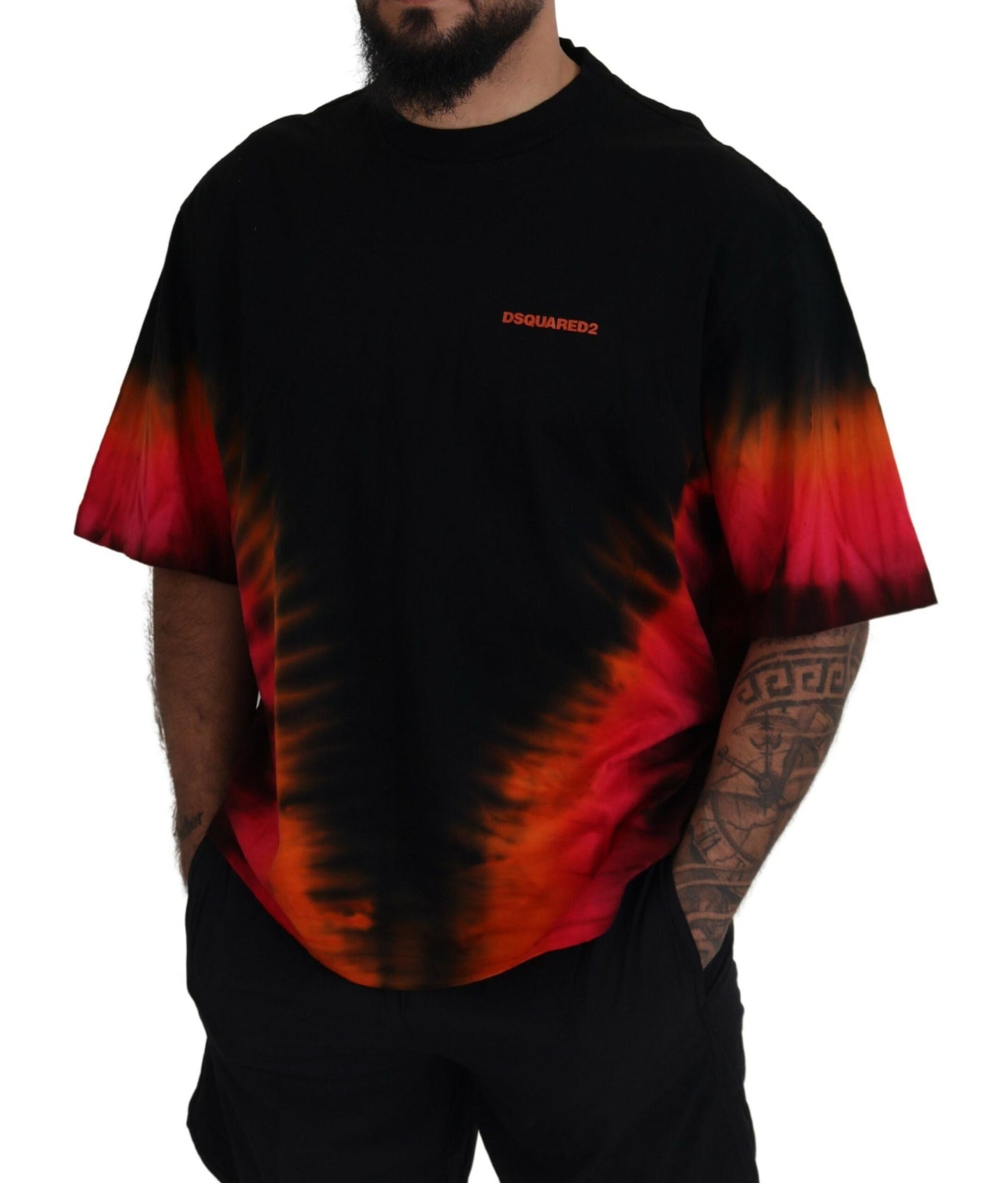 Dsquared² zwart-oranje katoenen T-shirt met korte mouwen en ronde hals.