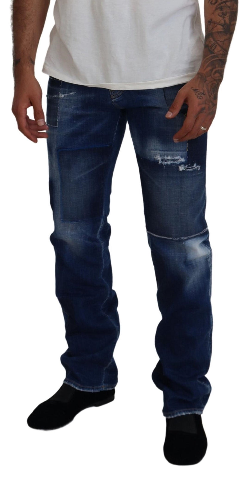 Dsquared² Jeans droit en jean bleu délavé et patchwork