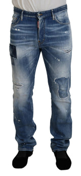 Jeans décontractés Dsquared² en jean bleu, effet usé et déchiré, coupe droite.