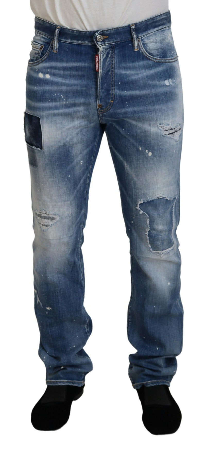Jeans décontractés Dsquared² en jean bleu, effet usé et déchiré, coupe droite.