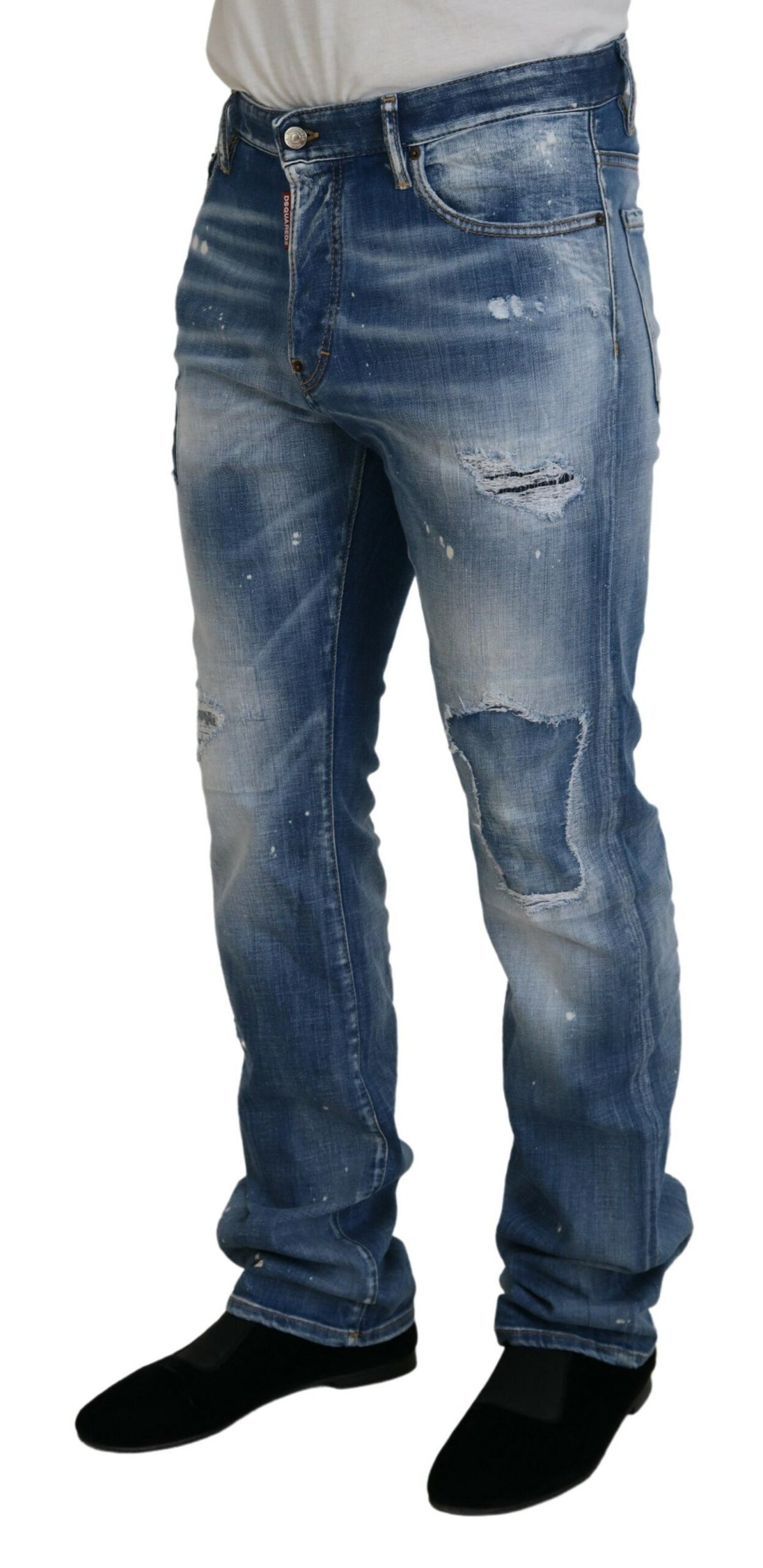 Jeans décontractés Dsquared² en jean bleu, effet usé et déchiré, coupe droite.
