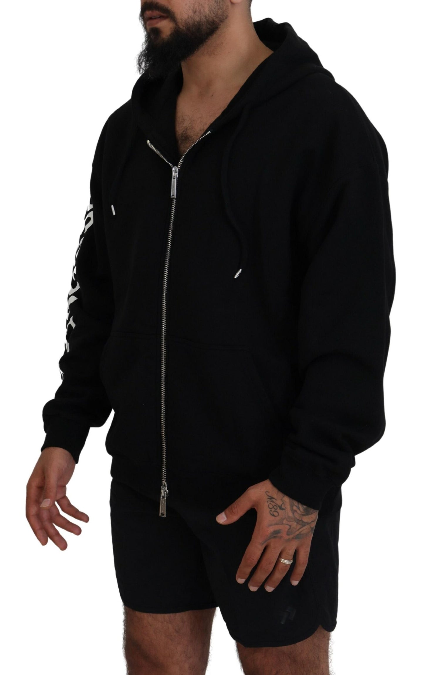 Pull noir à capuche et fermeture éclair avec manches imprimées Dsquared²