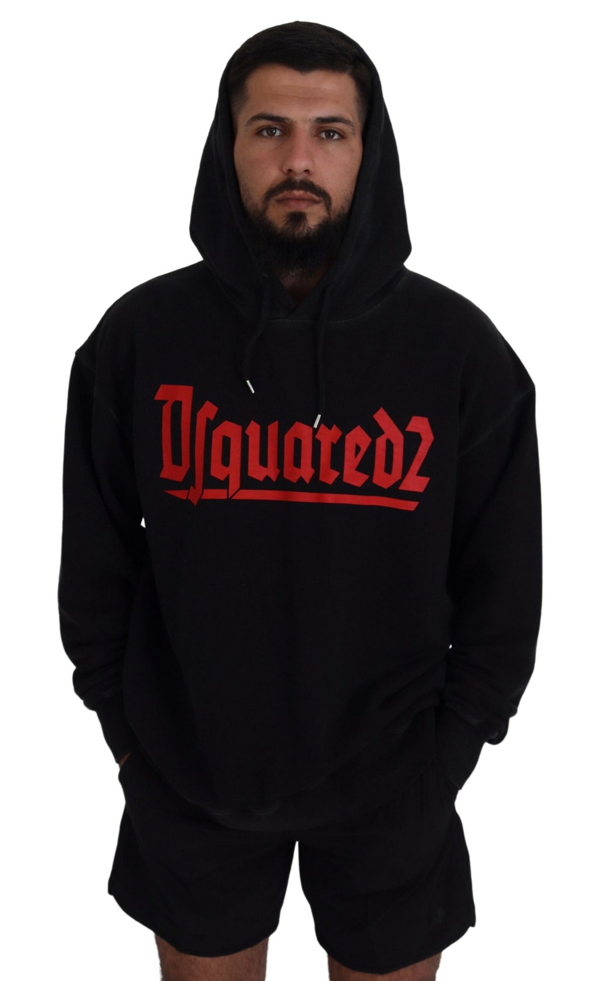 Pull à capuche noir en coton pour homme avec imprimé de la marque Dsquared²