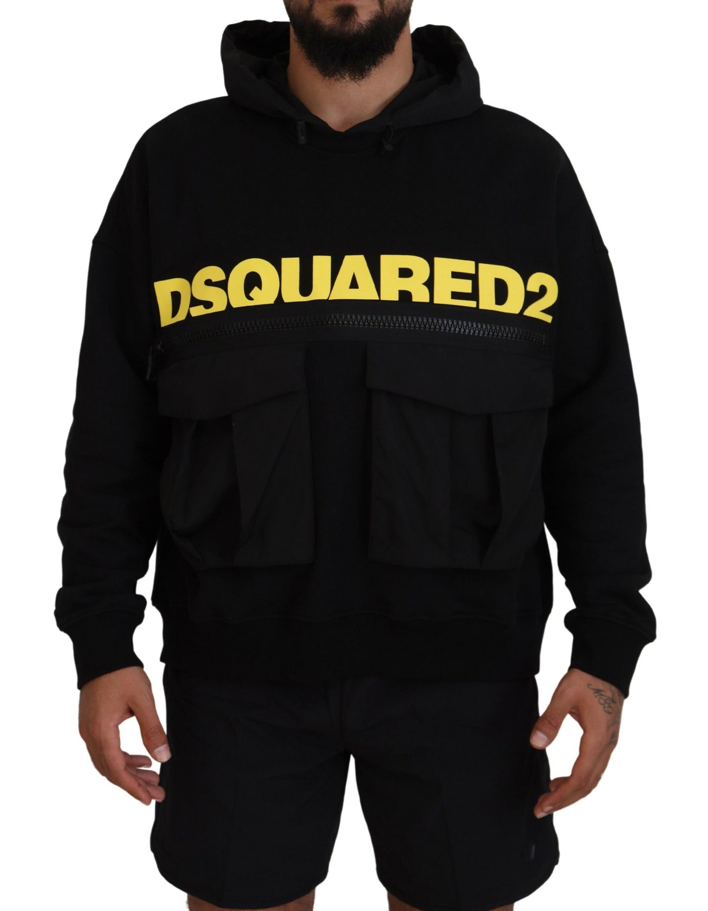 Pull en coton noir à capuche avec imprimé de la marque Dsquared²