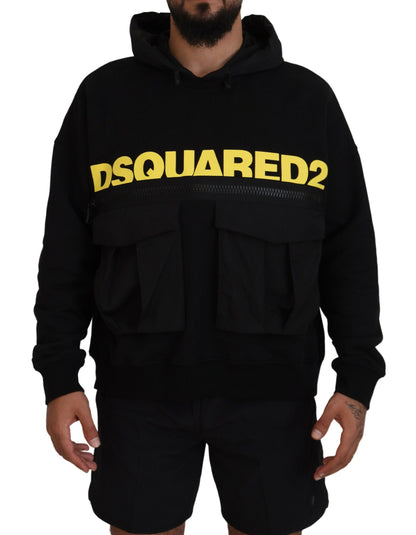 Pull en coton noir à capuche avec imprimé de la marque Dsquared²