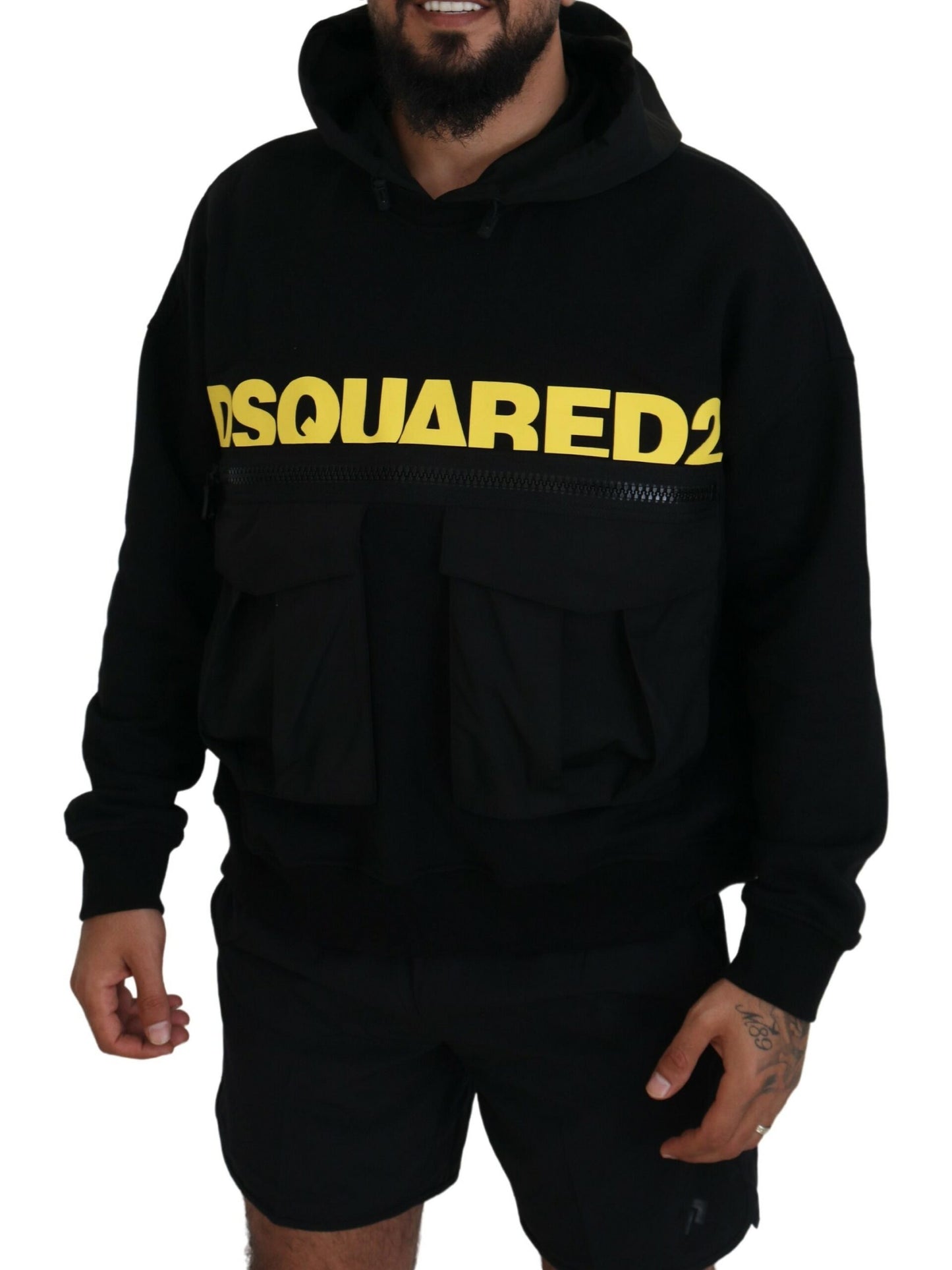 Pull en coton noir à capuche avec imprimé de la marque Dsquared²