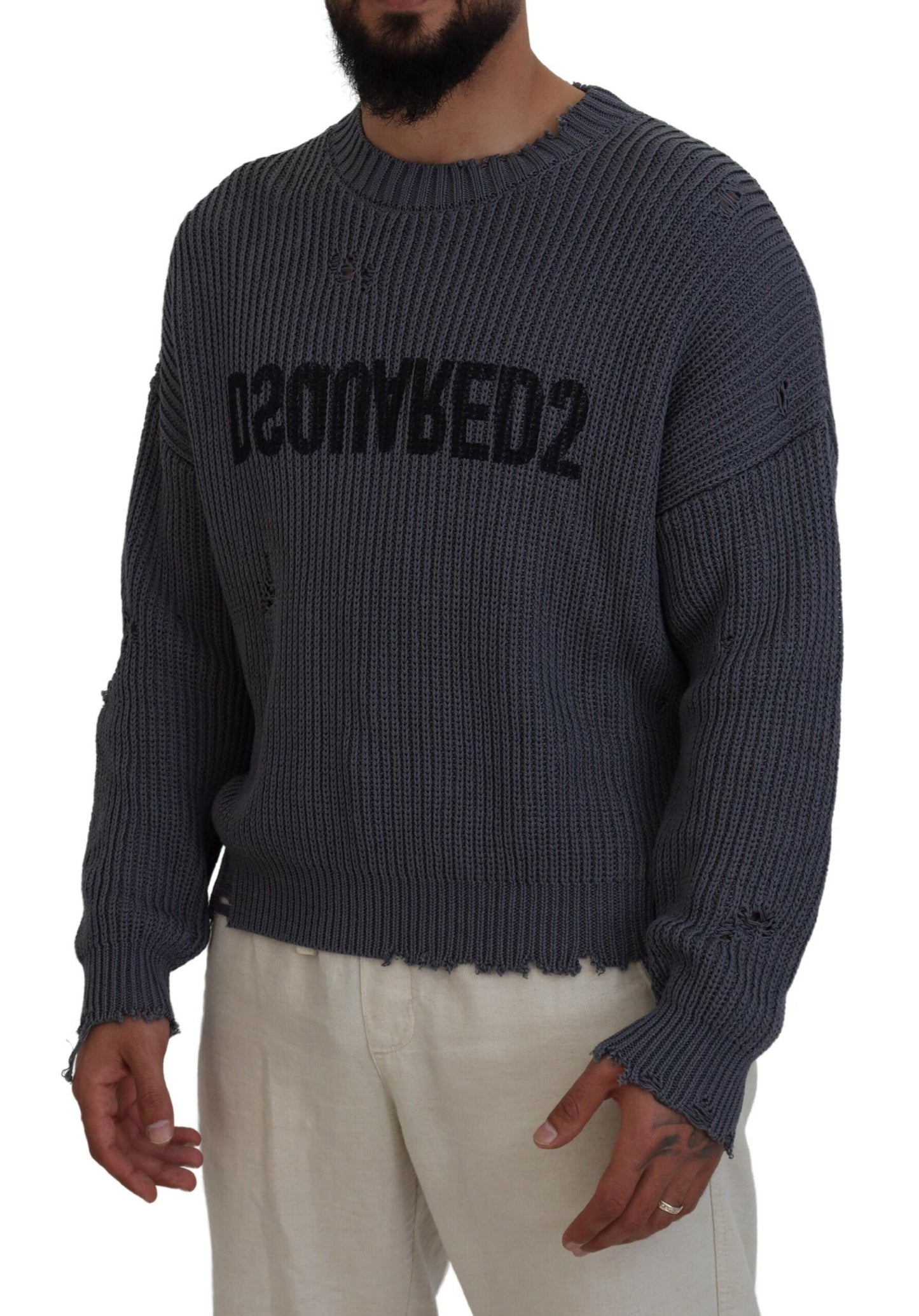 Dsquared² Grijze, versleten gebreide herenpullover