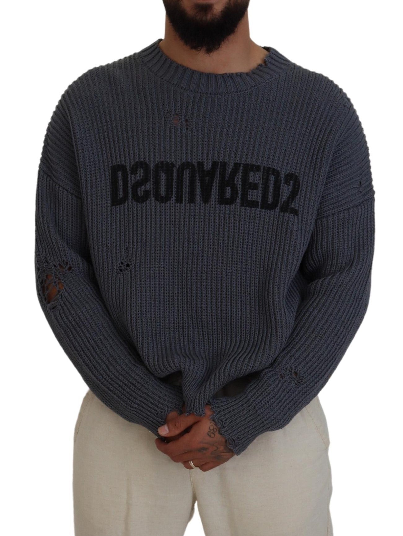 Dsquared² Grijze, versleten gebreide herenpullover