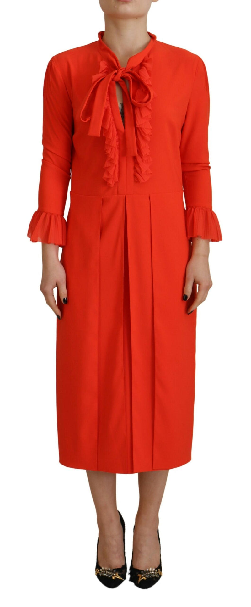 Dsquared² Red Long Sleeve Pleated Midi Dress