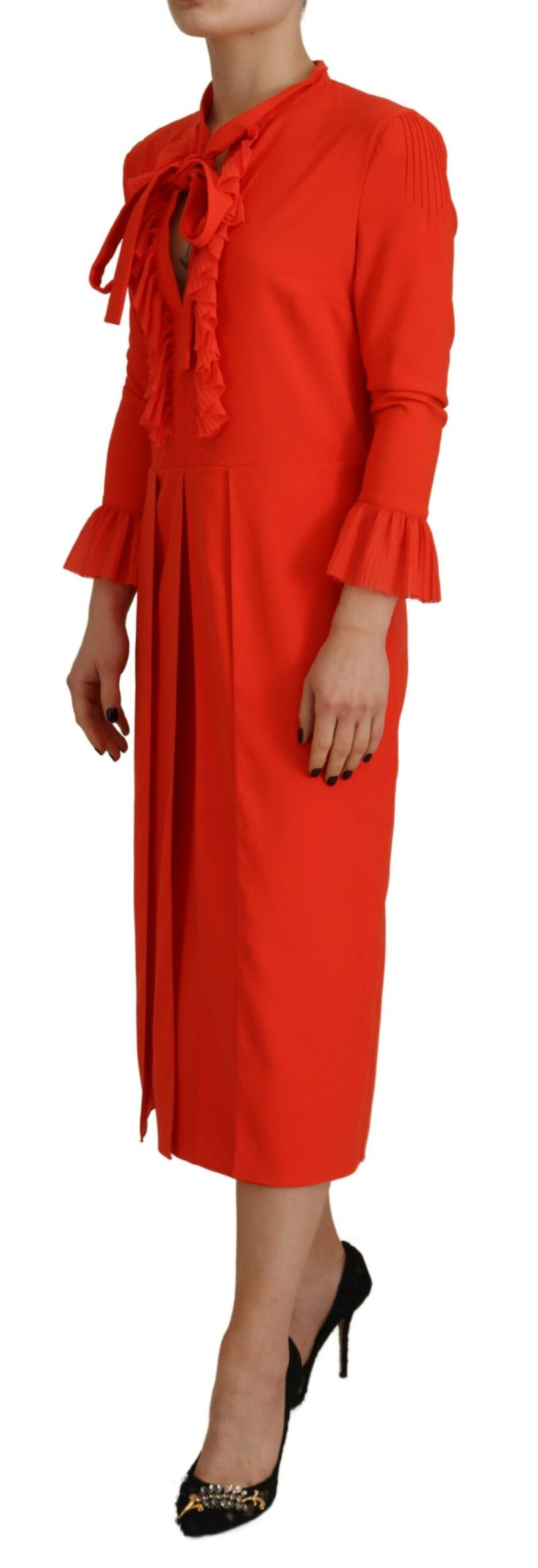 Dsquared² Red Long Sleeve Pleated Midi Dress