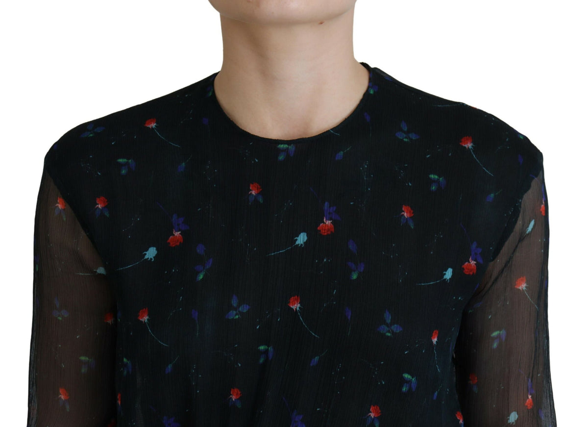 Robe Mini Dsquared² en Soie Noire à Fleurs à Manches Longues