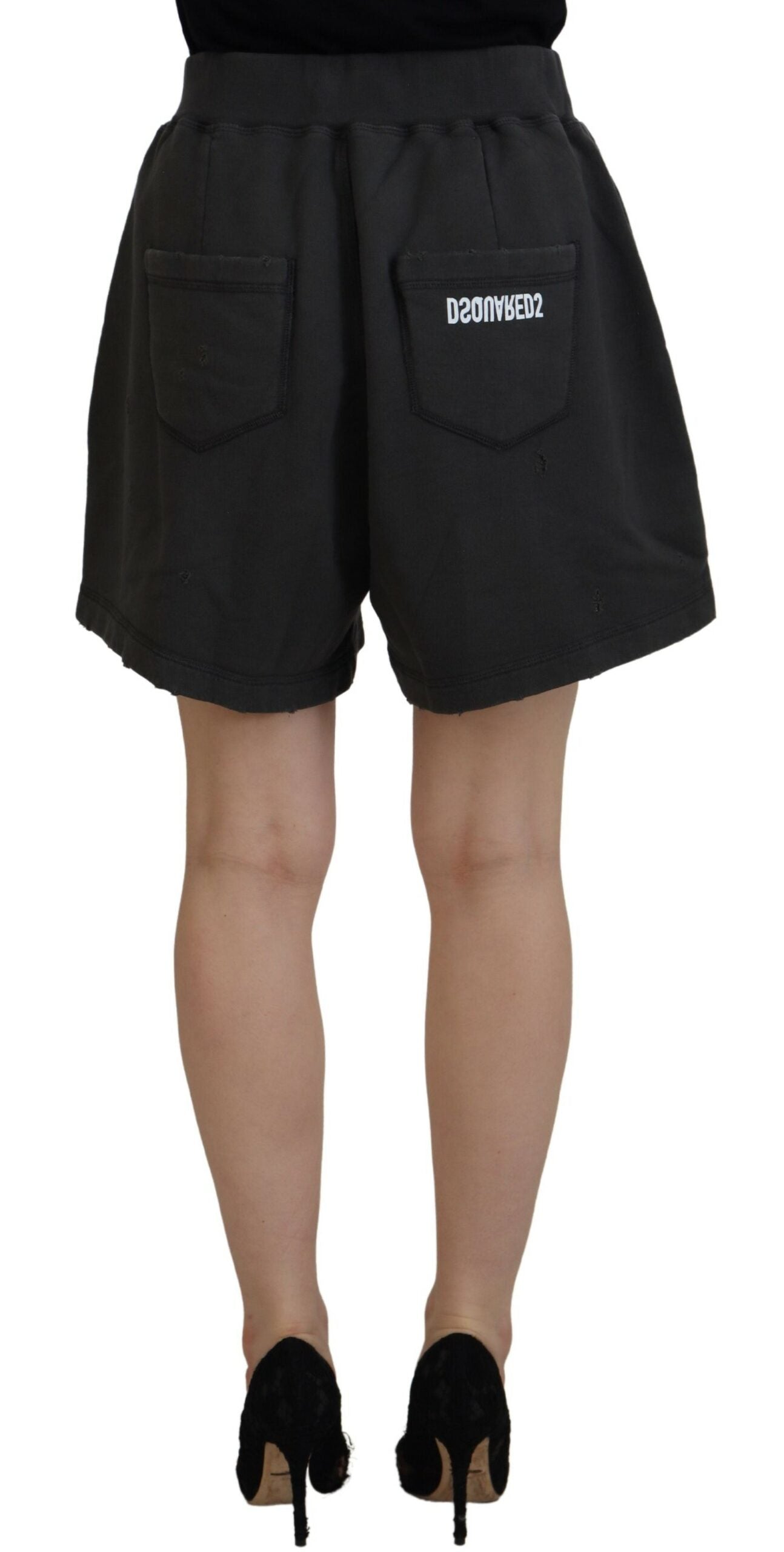 Dsquared² Zwarte katoenen, getrapte, taps toelopende shorts met een middelhoge taille.