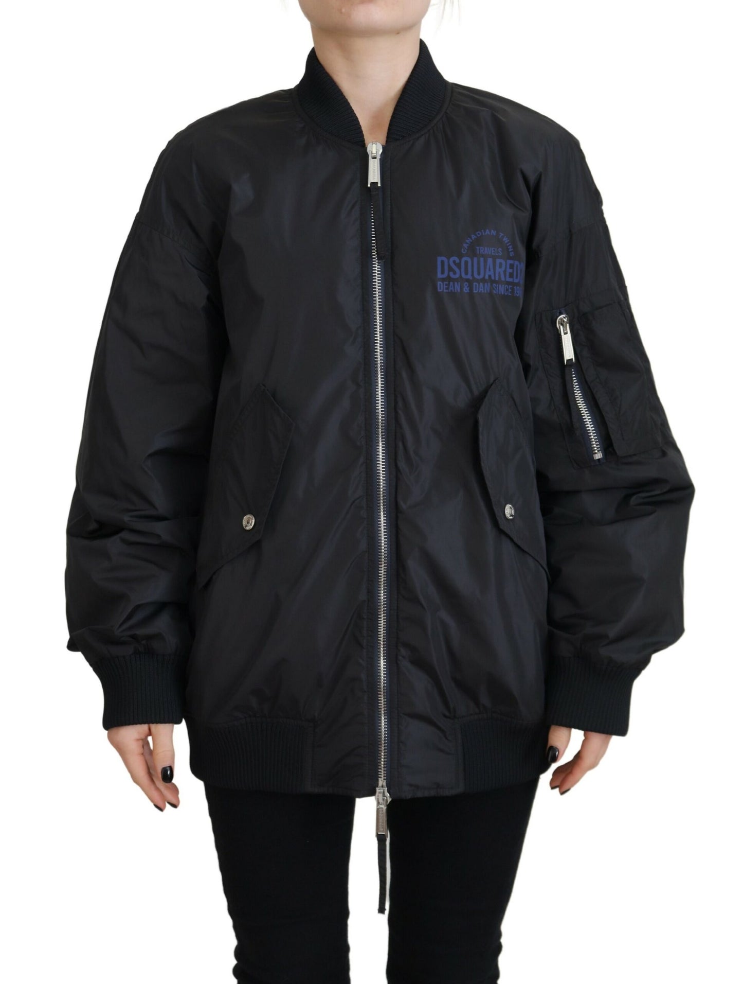 Dsquared² Veste bomber à fermeture éclair pour femme, imprimé logo noir.