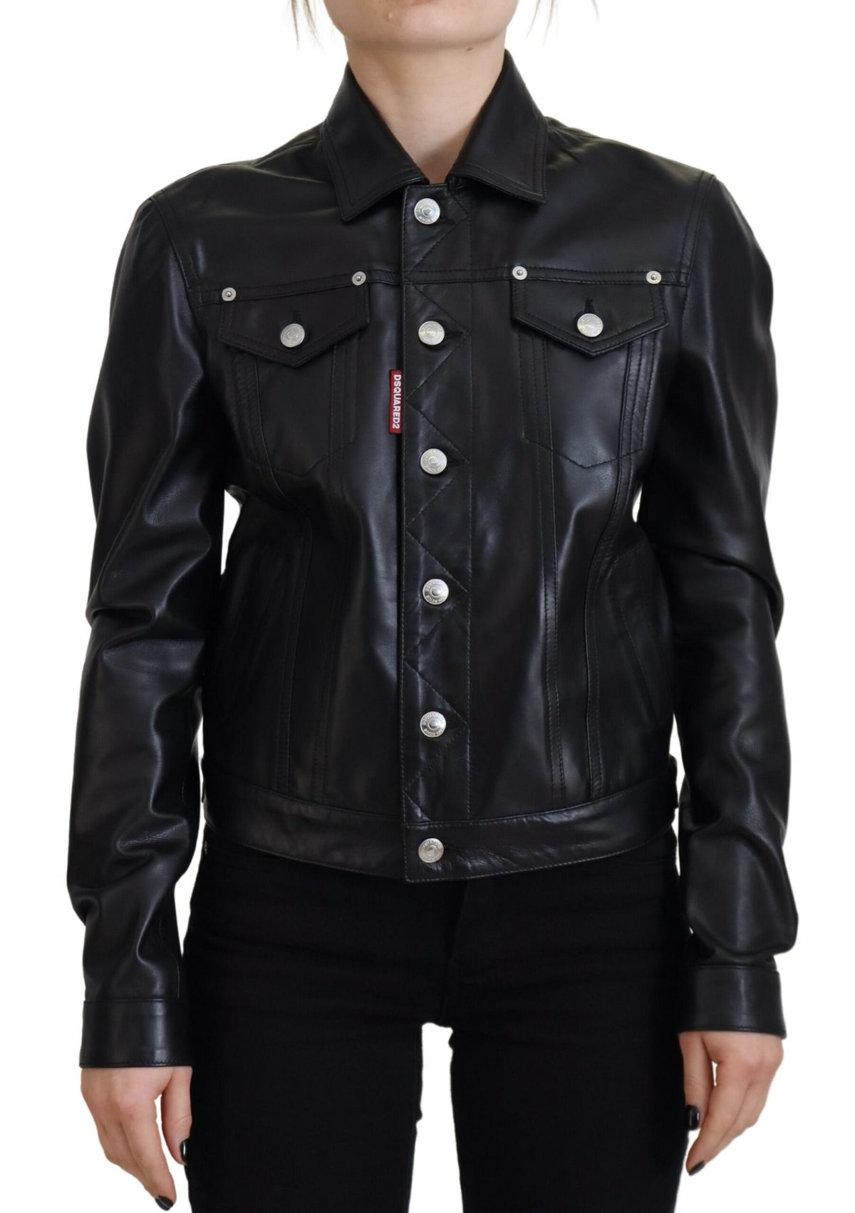 Dsquared² Veste en Cuir Noir à Col et Manches Longues