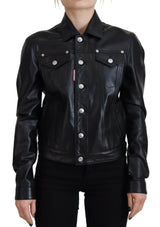 Dsquared² Veste en Cuir Noir à Col et Manches Longues