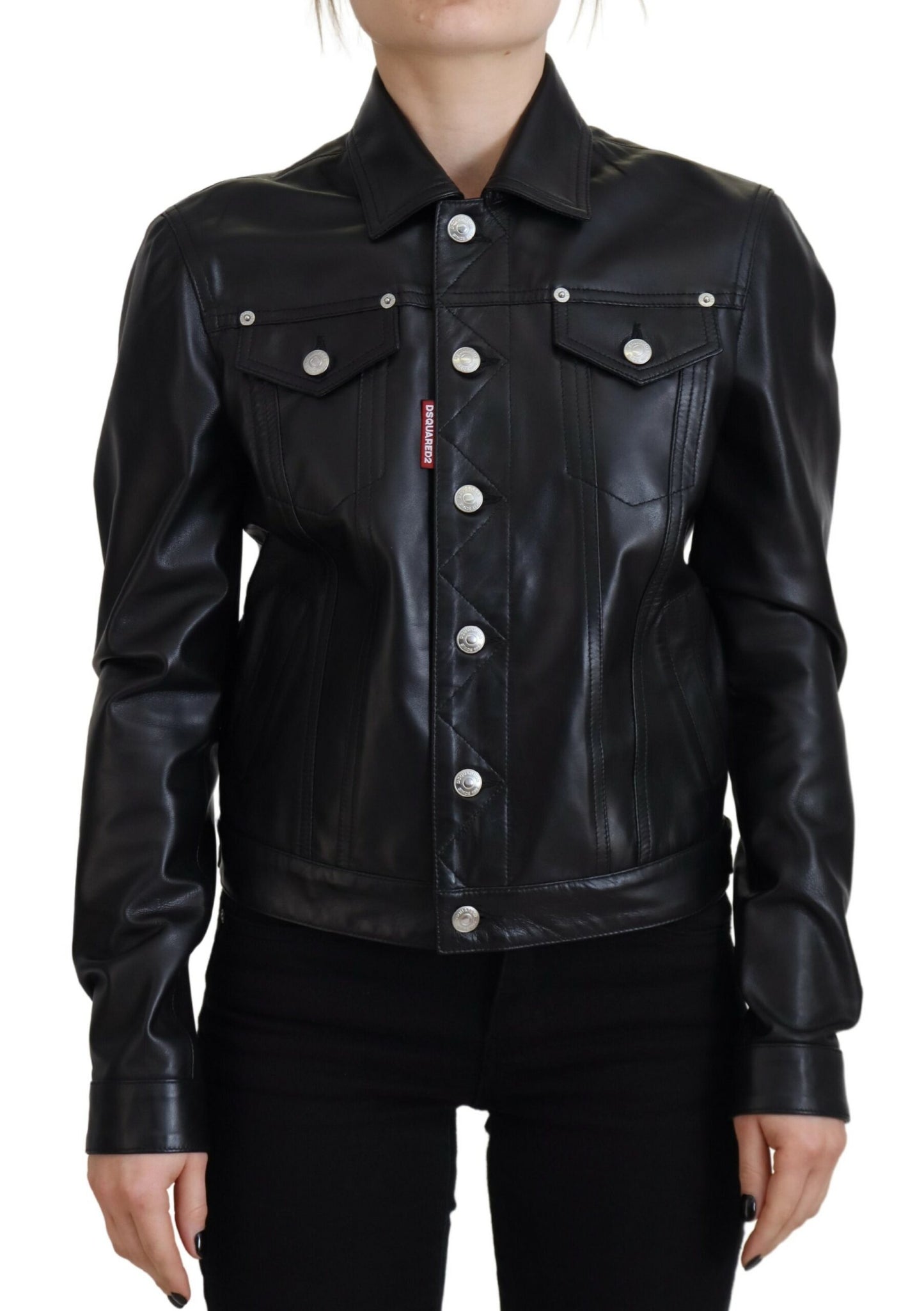 Dsquared² Veste en cuir noir à col et manches longues