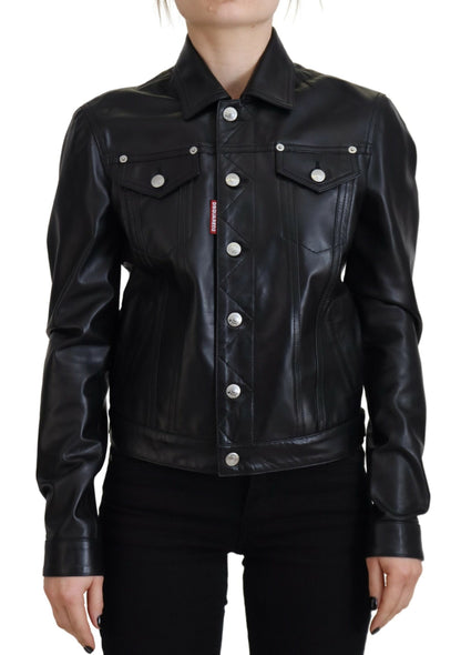Dsquared² Veste en cuir noir à col et manches longues