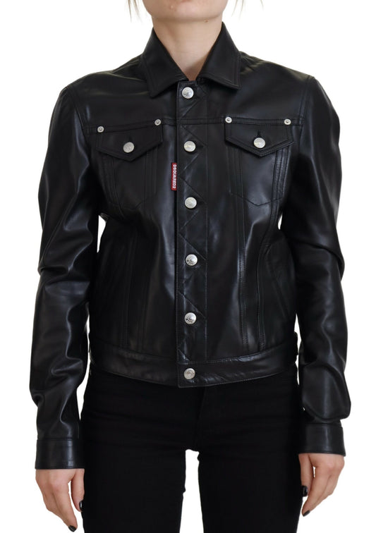 Dsquared² Veste en cuir noir à col et manches longues