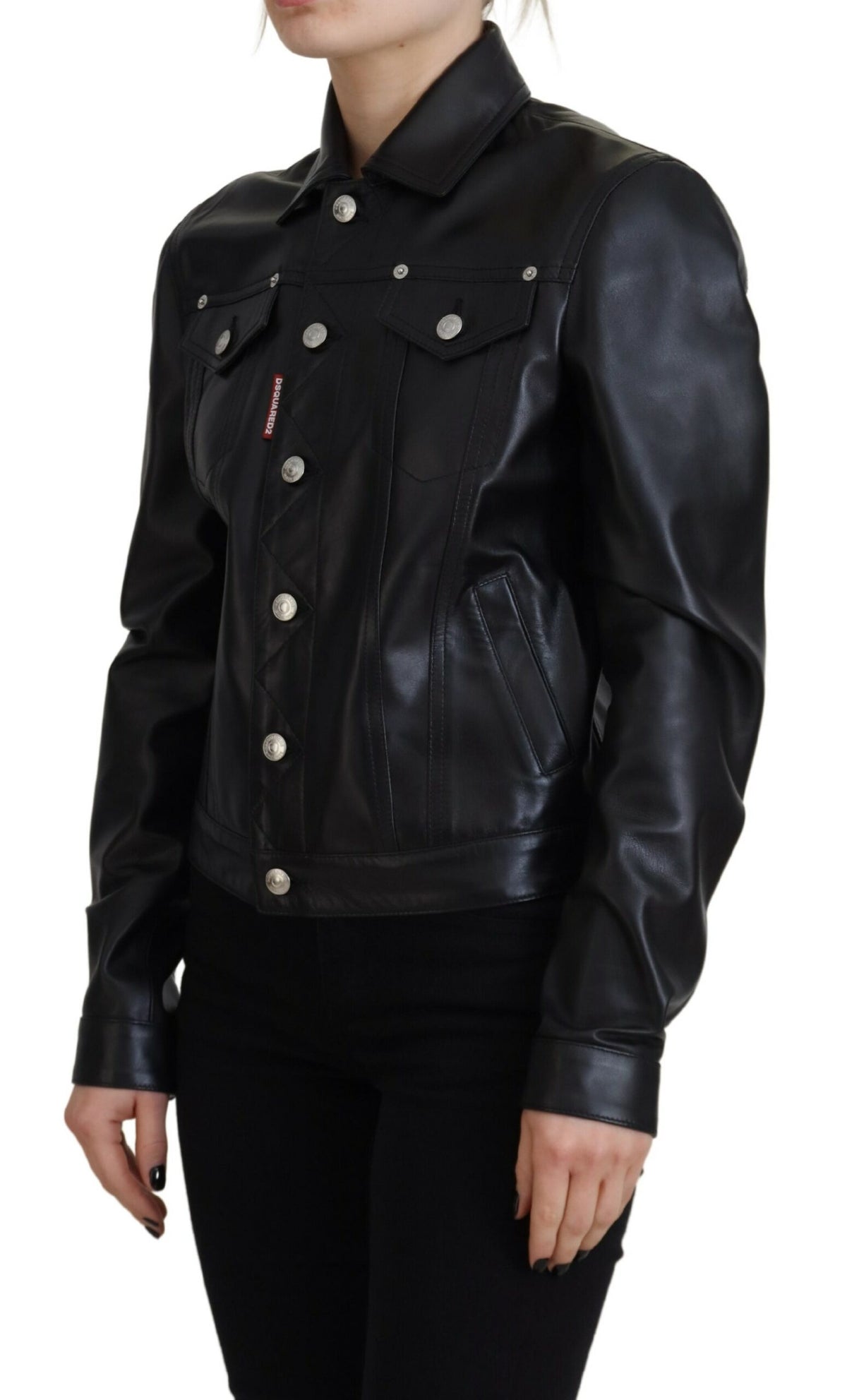Dsquared² Veste en Cuir Noir à Col et Manches Longues
