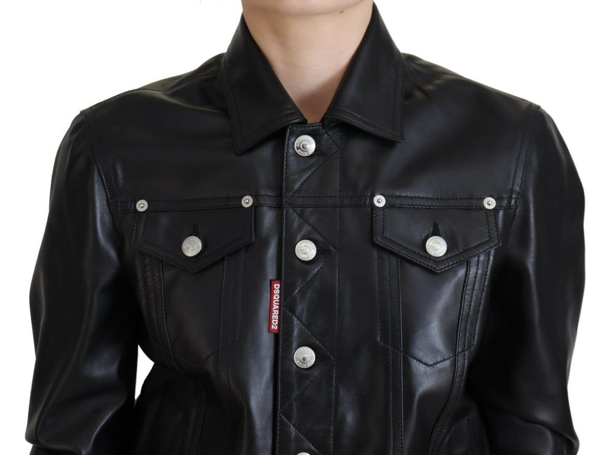 Dsquared² Veste en Cuir Noir à Col et Manches Longues