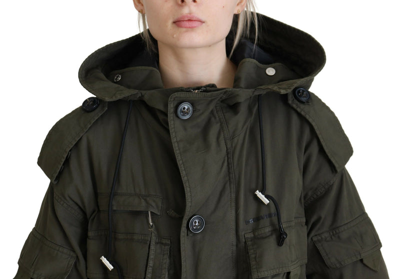Dsquared² Green Hooded Full Zip Long Parka Coat