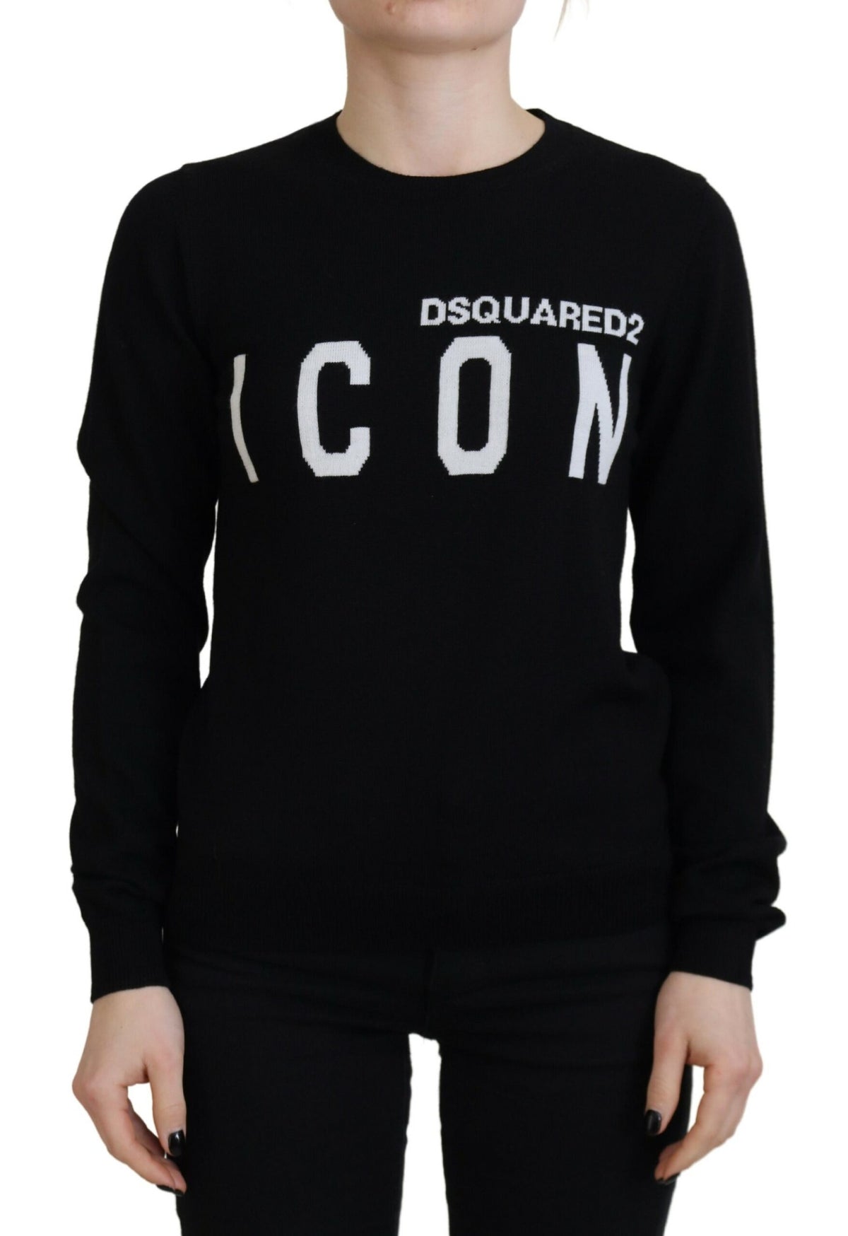 Dsquared² Pull Noir en Laine Vierge avec Imprimé Logo à Manches Longues