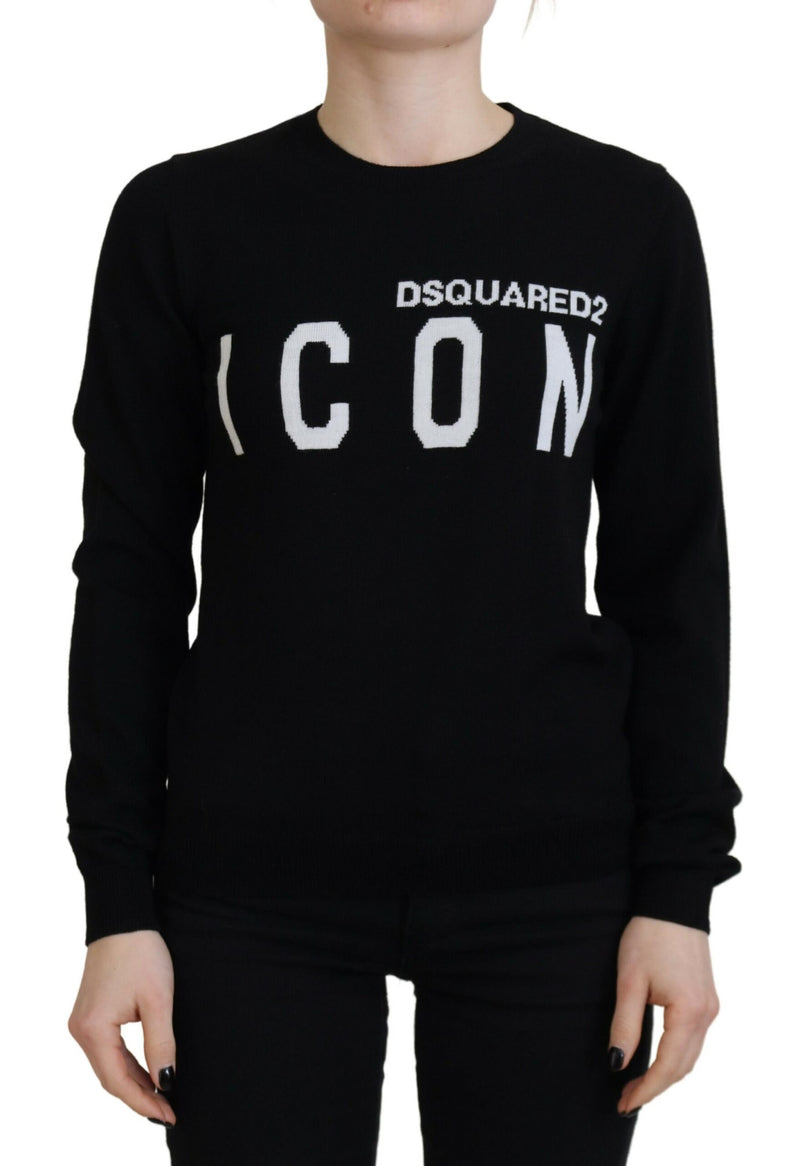Dsquared² Pull Noir en Laine Vierge avec Imprimé Logo à Manches Longues