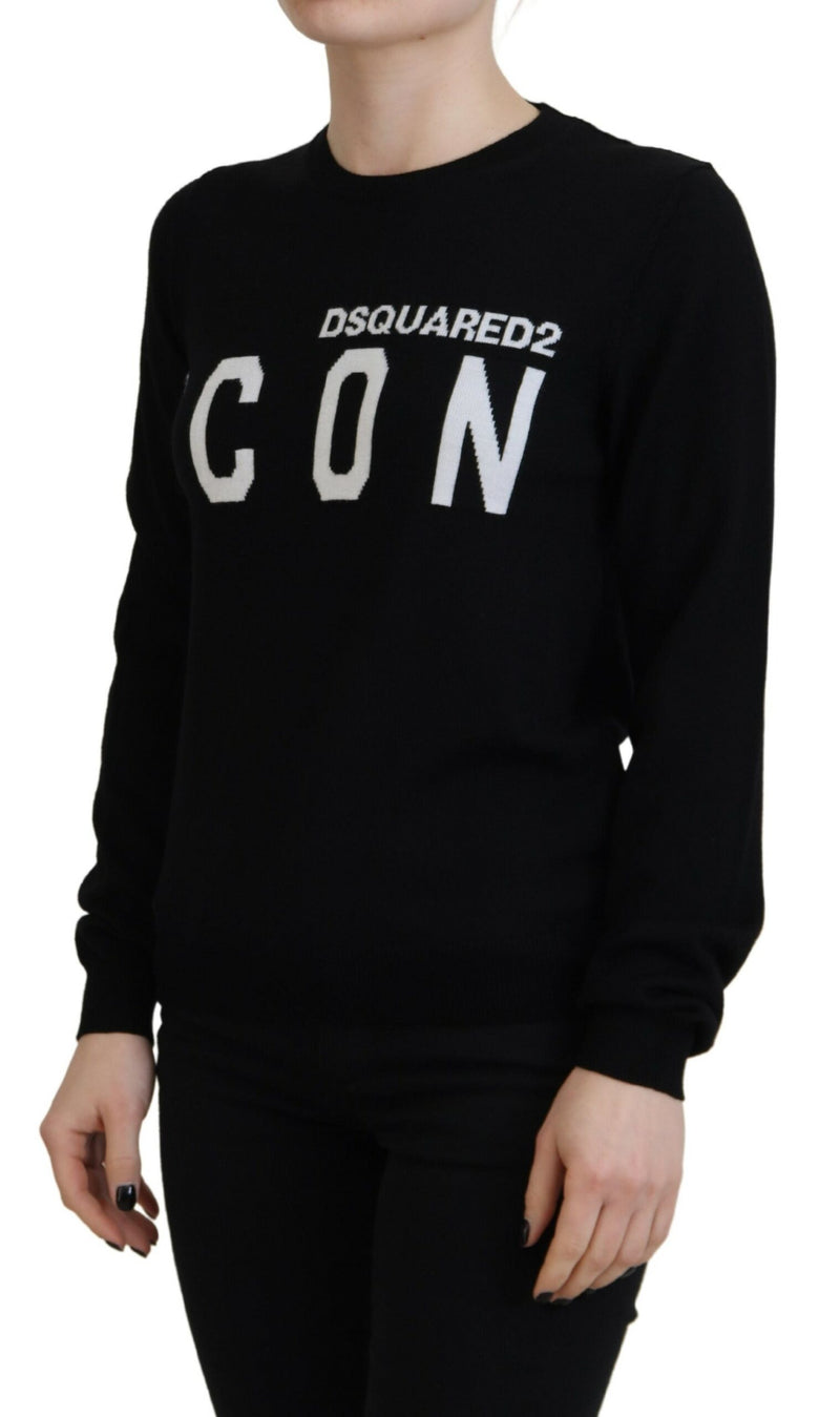 Dsquared² Pull Noir en Laine Vierge avec Imprimé Logo à Manches Longues
