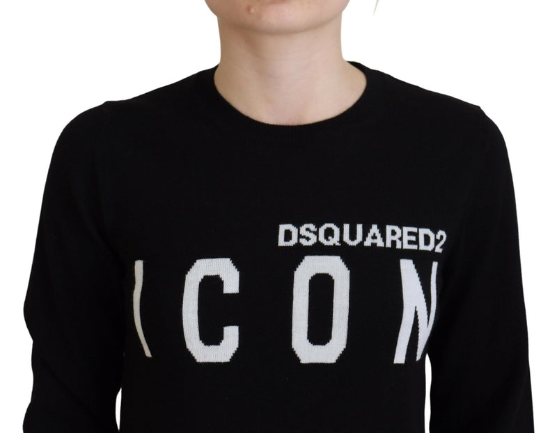 Dsquared² Pull Noir en Laine Vierge avec Imprimé Logo à Manches Longues