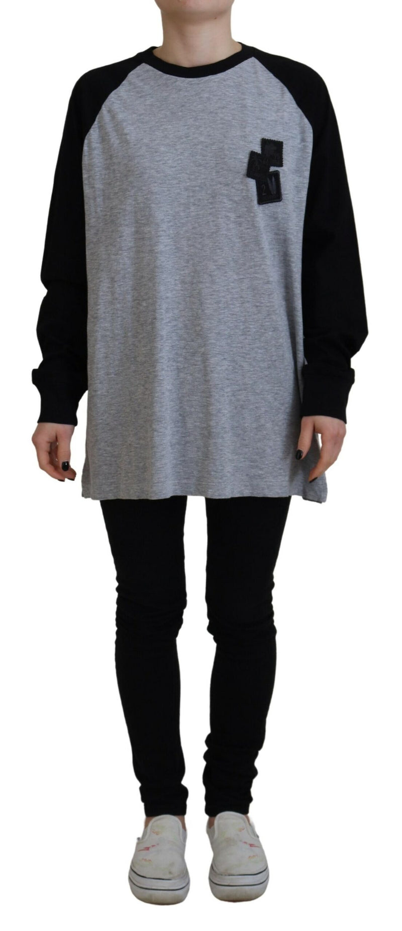 Dsquared² Black Gray Cotton Raglan Long Sleeve Casual Top
