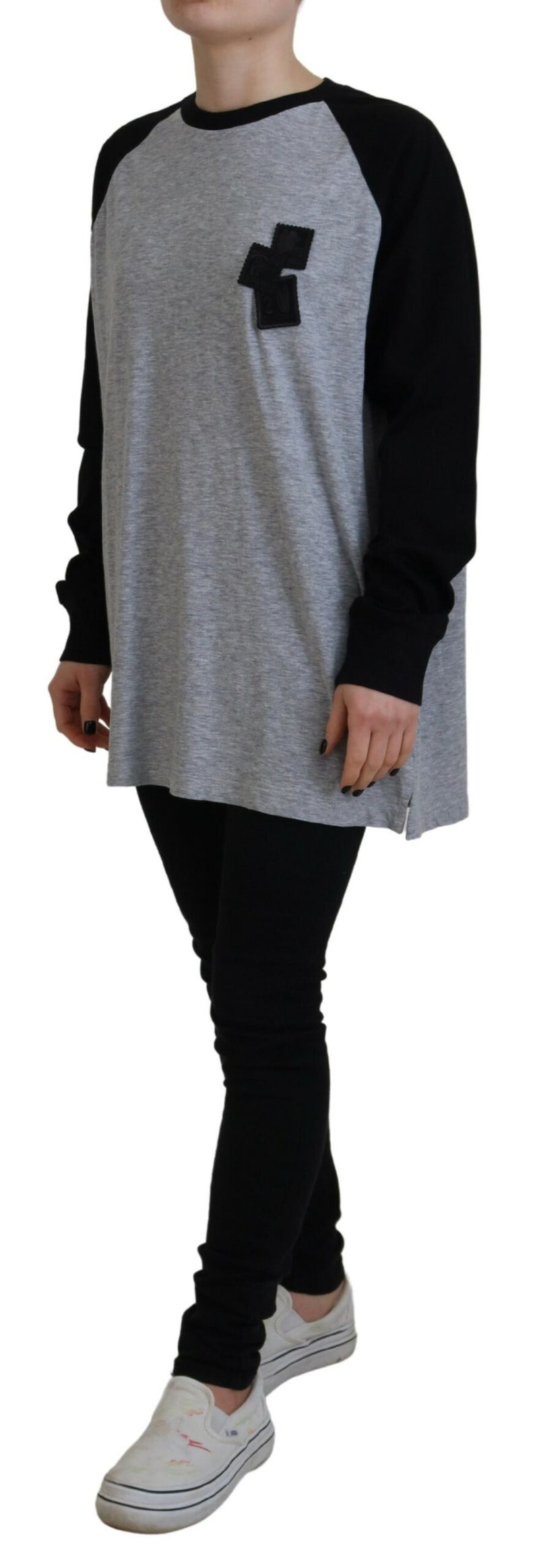 Dsquared² Black Gray Cotton Raglan Long Sleeve Casual Top