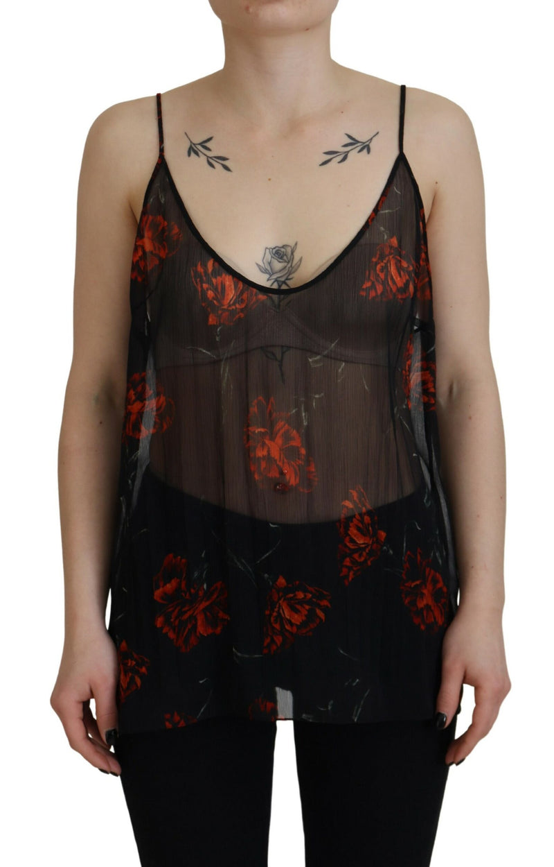 Dsquared² Black Floral Print Spaghetti Strap Tank Top