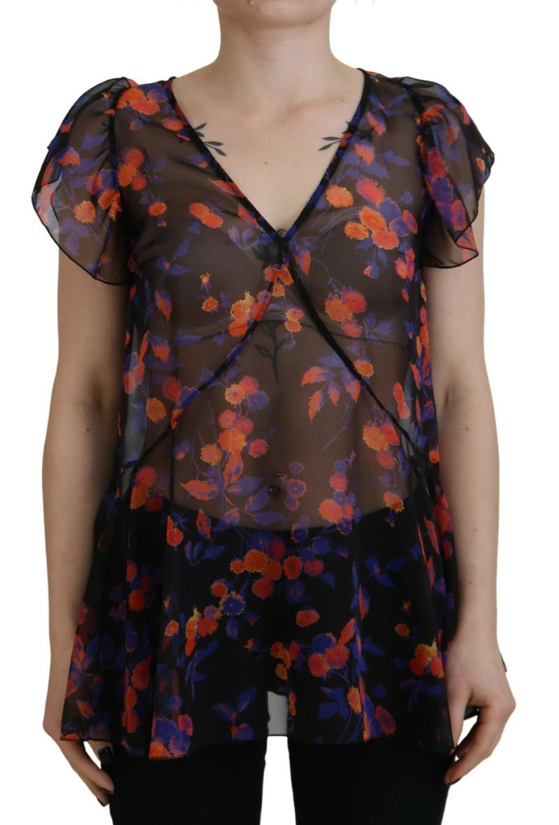 Dsquared² Black Floral Print V-neck Blouse Top