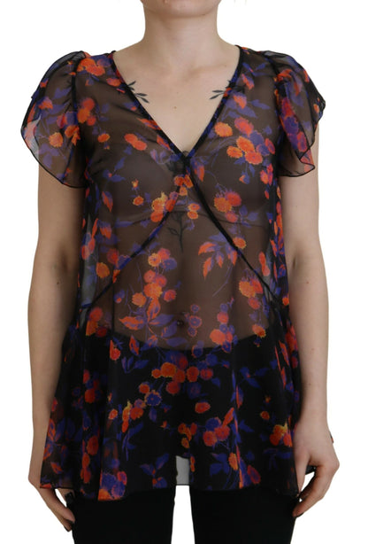 Top chemisier noir à manches courtes et col en V, imprimé floral de Dsquared².