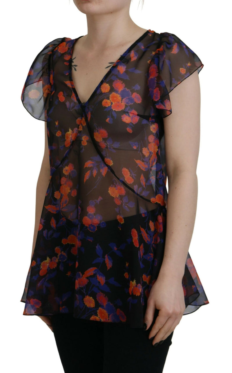 Dsquared² Black Floral Print V-neck Blouse Top
