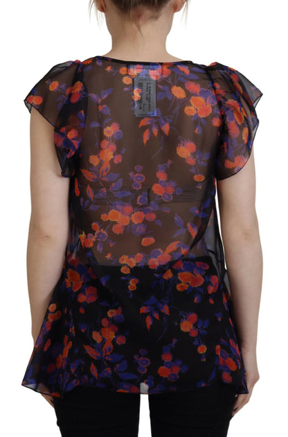 Top chemisier noir à manches courtes et col en V, imprimé floral de Dsquared².