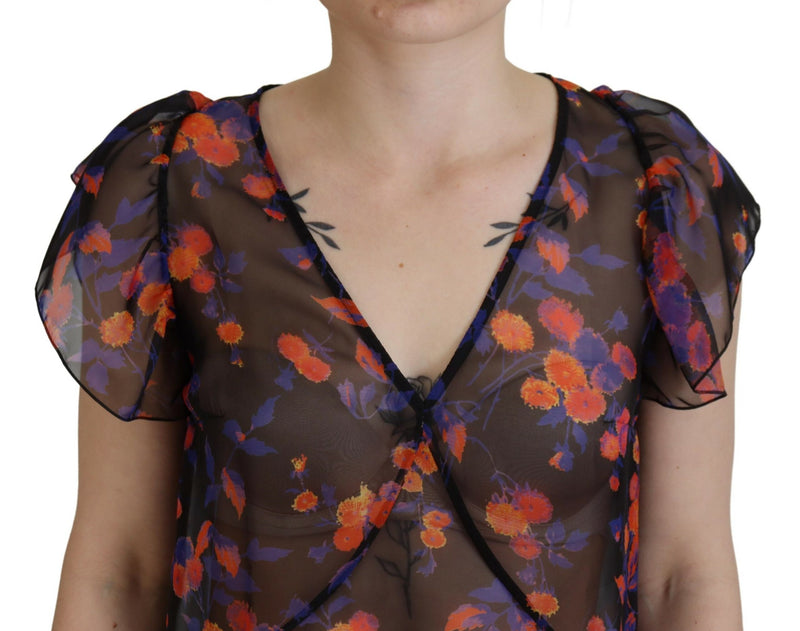 Dsquared² Black Floral Print V-neck Blouse Top