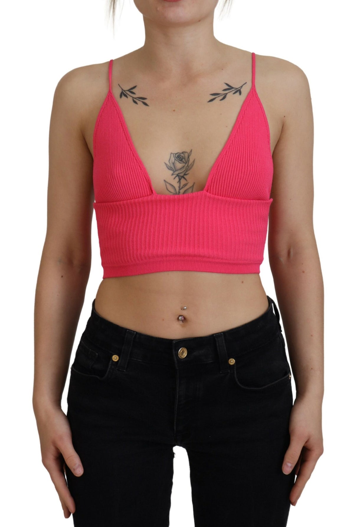 Dsquared² Top Cropped à Bretelles Spaghetti en Maille Ribbed Rose
