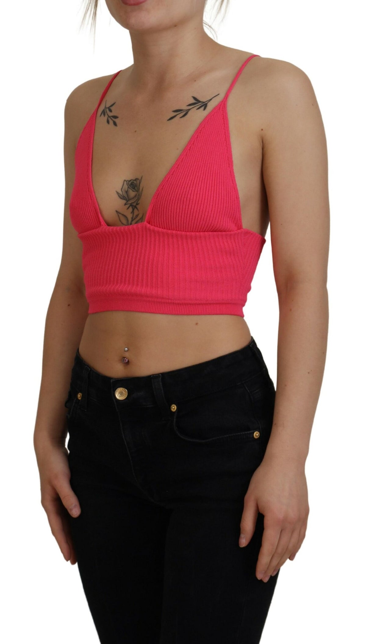 Dsquared² Top Cropped à Bretelles Spaghetti en Maille Ribbed Rose